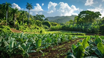 A serene farm with cabbage, banana trees, and mango trees stock photo --ar 16:9 --style raw --v 6 Job ID: f1b0eaf7-4a43-4a4f-9227-2f85f5ebea94