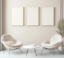 Three blank frames above beige chairs and coffee table in minimalist room.