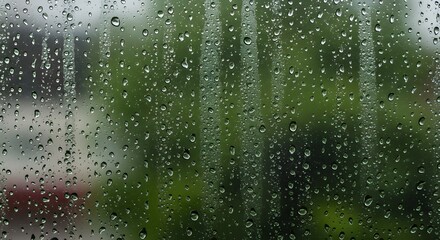 Obraz premium water droplets, blurred green background, foggy window, rainy day atmosphere, Water droplets forming streaks on glass window, causing blurry view of garden, Condensation on glass, 