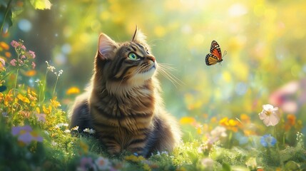 A serene scene of a curious cat sitting gracefully on a patch of soft grass in a sunlit park. The cat, a fluffy tabby with striking green eyes, is playfully gazing at a butterfly 