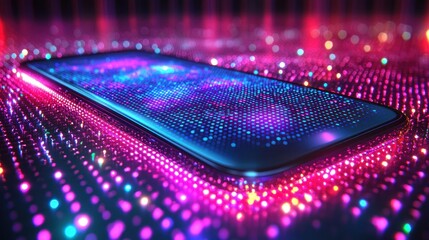 Modern smartphone with a vibrant digital interface amidst glowing particles