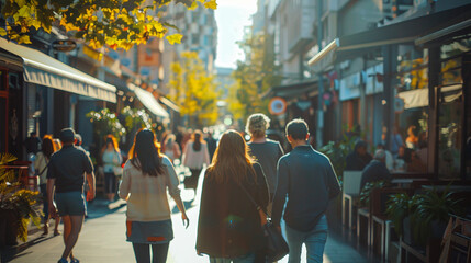 People walking briskly on a busy city street lined with shops and restaurants. stock image, hd quality, natural look