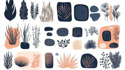 Stylized Botanical Elements in a Harmonious, Minimalist Composition and Artistic Touch