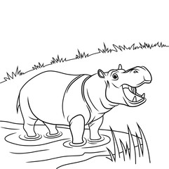 A simple and artistic line art illustration of a hippopotamus standing in water. The black-and-white minimalist design is perfect for coloring pages, vector graphics, and decorative prints.