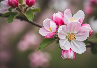 Obraz premium Blooming apple tree branch with delicate pink and white blossoms illuminated by warm spring sunlight, Delicate apple blossoms, soft pink petals, green leaves, tree branch, springtime, macro 