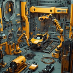 Futuristic car assembly workshop with automated robotic arms.  Detailed interior view of a modern vehicle manufacturing facility.  High-tech machinery and equipment for vehicle construction