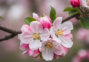 Fototapeta premium Blooming apple tree branch with delicate pink and white blossoms illuminated by warm spring sunlight, Delicate apple blossoms, soft pink petals, green leaves, tree branch, springtime, macro 