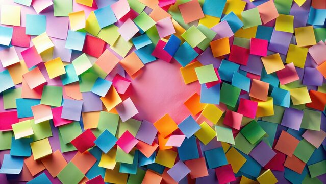 A vibrant collection of colorful sticky notes scattered, creating a dynamic and energetic design with a central empty space for text or imagery.