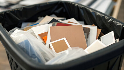 Discarded materials in bin highlight importance of error prevention and corrective action in waste management practices