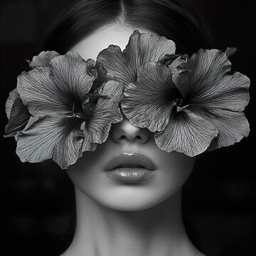 Monochrome Portrait of a Woman with Flowers Covering Her Eyes