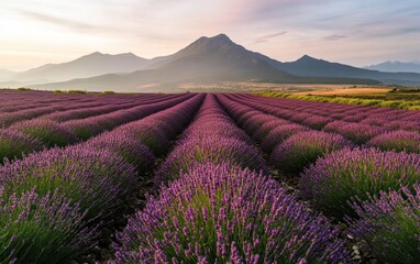 Naklejka premium Lavender Fields at Sunrise with Mountain View