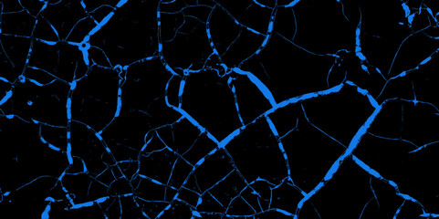 A blue and black vintage of a cracked wall, cracked blue paint on a black background, Vector crack concrete texture black and blue grunge texture. There are many cracks in the ground. 