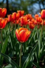 there is a large field of red and orange tulips in the sun