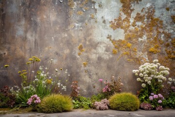 Obraz premium Wildflowers Blooming Against a Weathered Stone Wall, a Serene Natural Scene with Varied Textures and Hues