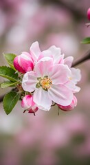 Blooming apple tree branch with delicate pink and white blossoms illuminated by warm spring sunlight, Delicate apple blossoms, green leaves, tree branch, springtime, soft pink petals, 