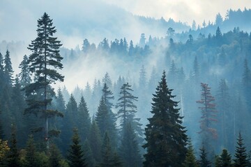 Obraz premium Misty Evergreen Forest Mountain Landscape