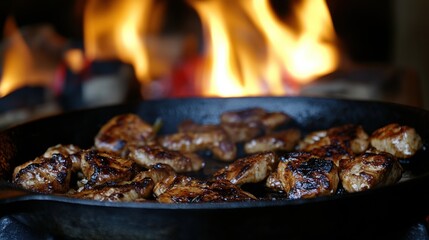 Sizzling Meat Cooking in Cast Iron Pan Over Open Flames in Rustic Kitchen