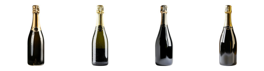 Various Elegant Champagne Bottles with Gold Foil Seals Displayed, PNG bundle collection, Isolated on Transparent Background