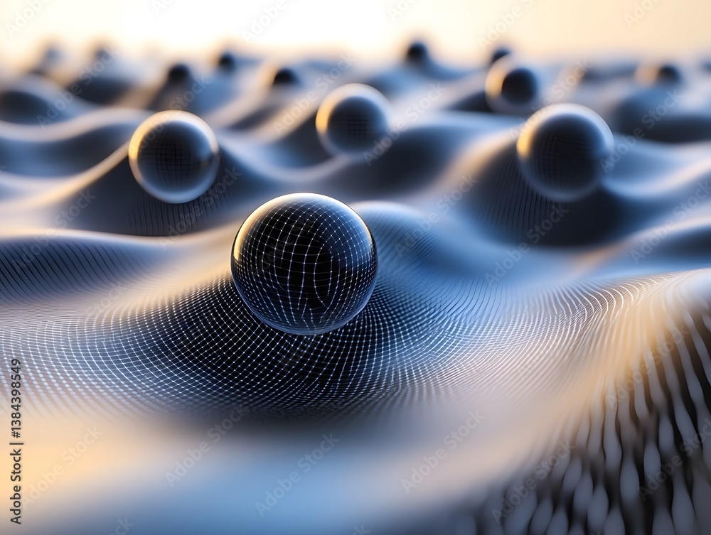 Poster abstract composition of spheres on wavy surface with light reflections