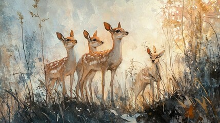 Fawn Family in the Golden Hour: A Serene Wildlife Painting