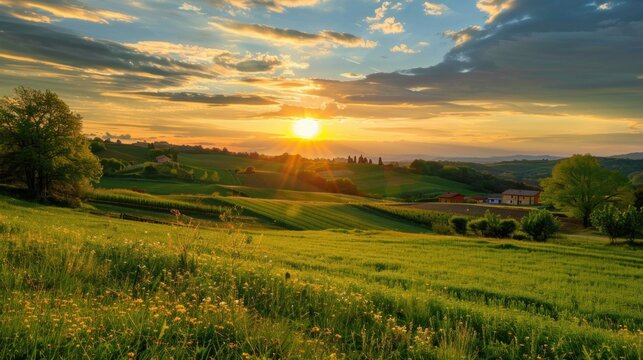 A sunset over a quiet village with green fields. stock photo --ar 16:9 --style raw --v 6 Job ID: 01baf5f2-7317-4c84-bbcb-1c87f6d5124b