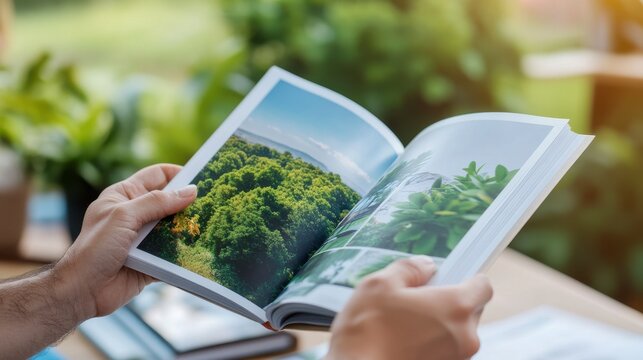 Reading Nature's Chronicle: Captivating close-up of hands gently holding open a magazine filled with stunning nature photography, with verdant scenery in clear detail.