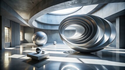 Modern Architectural Interior with Abstract Metal Sculpture and Polished Floor