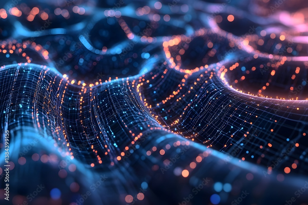 Poster Futuristic Digital Terrain with Illuminated Nodes and Grids