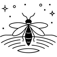 Firefly glowing above a river at night line art vector illustration 