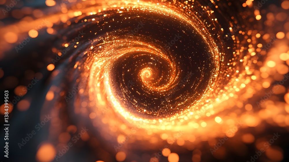 Poster cosmic swirl of glowing particles in dark space background