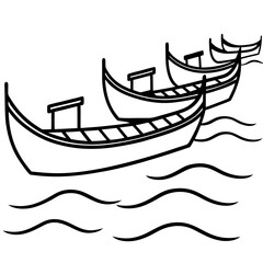 Traditional boat lined up on a riverside line art vector illustration 