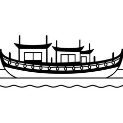 Traditional boat lined up on a riverside line art vector illustration 
