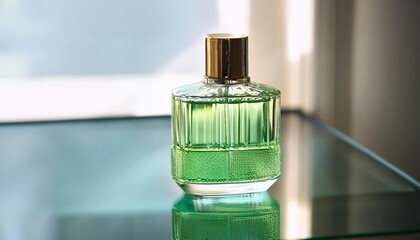 Elegant Blank Perfume Bottle Mockup with Green Liquid in a Cool Temperature. Perfume with Mirror Background and Natural Daylight.