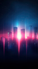Futuristic city skyline with glowing lights and stars in night sky