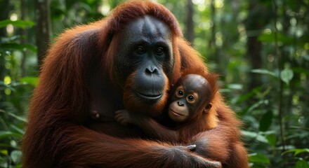 A loving embrace between an adult orangutan and its baby in a dense forest, displaying a powerful connection in their natural environment.