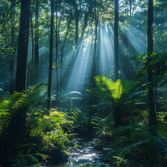 Obraz premium A lush rainforest with mist floating through the trees and rays of sunlight filtering down