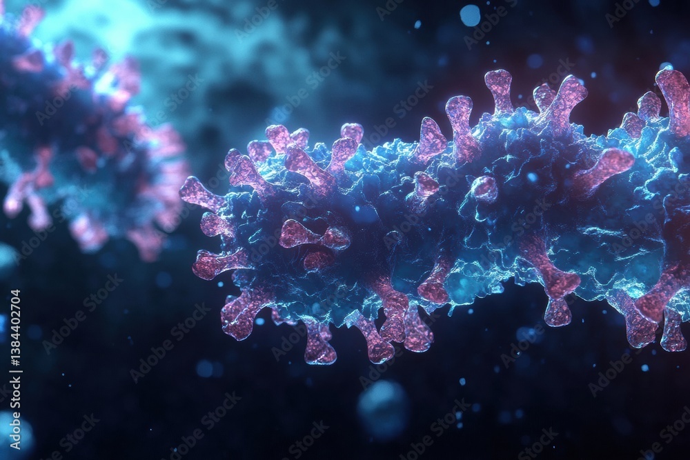 Poster detailed 3d illustration of adeno-associated virus highlighting protein capsid in bioluminescent flu