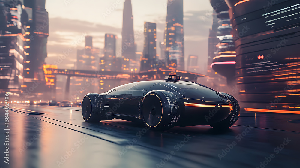 Poster a high tech ai powered autonomous vehicle optimizing its driving routes in real time to avoid traffi