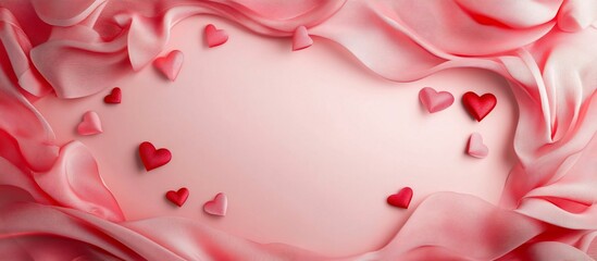 Obraz premium Pink silk fabric hearts background, Valentine's Day