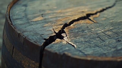 Close-Up of a Weathered Wooden Barrel Top with Cracks Highlighting Natural Texture and Rich Earthy Tones