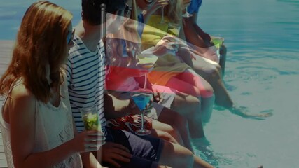 Group of friends enjoying drinks by poolside with colorful overlay animation