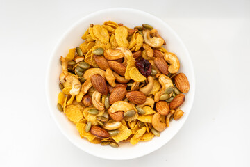 Top view mixed dried legumes and cereals.Different whole grains beans on bowl and legumes seeds and nuts.Various beans agriculture of natural healthy food for vegetarian cooking ingredients.
