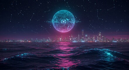 Stunning Futuristic City Skyline Under a Glowing Digital Moon at Night