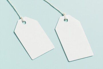 White paper tag or label blank mockup on solid blue background, minimalistic template, AI generated