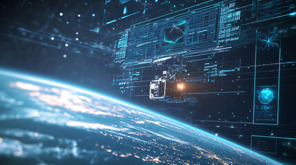 A high tech AI powered climate monitoring satellite station tracking global weather patterns with real time AI analytics, Environmental science style, photo of