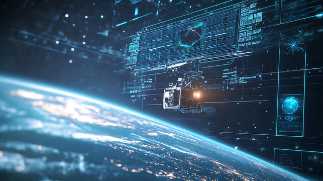 A high tech AI powered climate monitoring satellite station tracking global weather patterns with real time AI analytics, Environmental science style, photo of