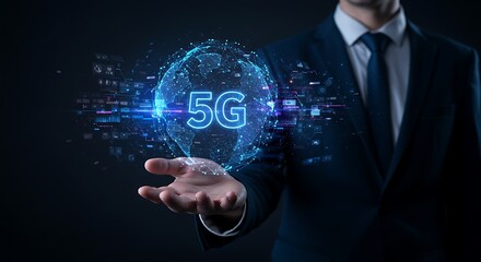 5G Technology concept, Businessman holding digital globe