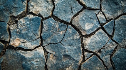 Fototapeta premium Close-up View of Dry Cracked Earth with Blue and Brown Tones, Highlighting the Effects of Drought and Soil Degradation