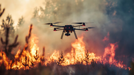 A high tech AI powered drone based fire detection system identifying and responding to wildfires in real time, Disaster response style, photo of