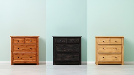 Three dressers in various wood tones stand against a pastel green wall with white floor